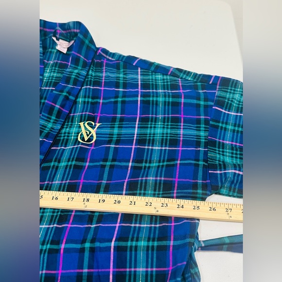 Victoria's Secret Short Flannel Robe Kimono Cotton Modal Plaid Blue Green M/L - Picture 5 of 8